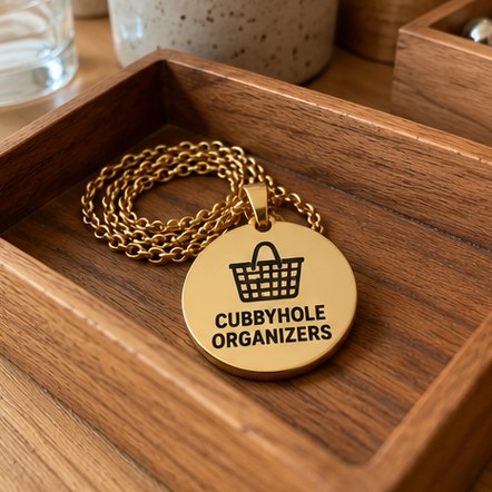 Branded pendant in a wooden dresser tray