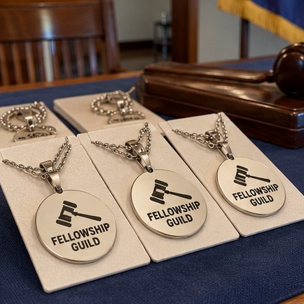 Custom engraved member pendants on a lodge meeting table
