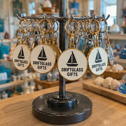 Custom charm pendants on a gift shop spinner rack