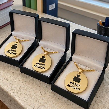 Custom graduation pendants in gift boxes on a school office counter