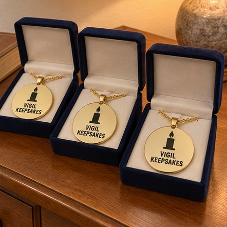 Custom photo-etched keepsake pendants in velvet boxes