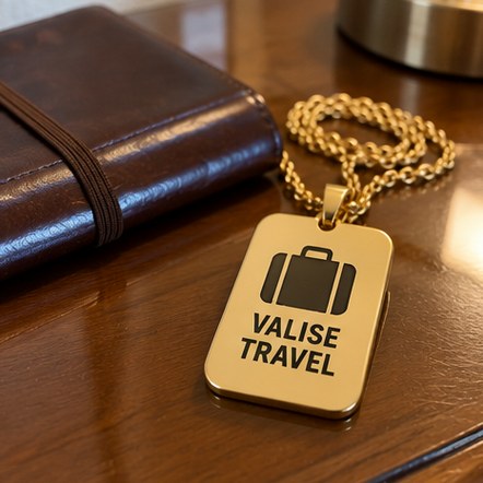 Custom pendant beside a notebook on a hotel desk