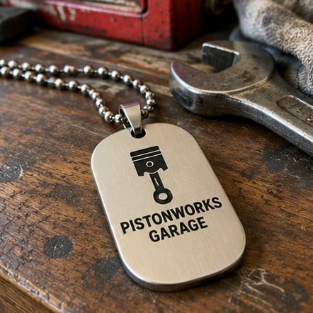 Custom dog-tag style pendant on a workbench