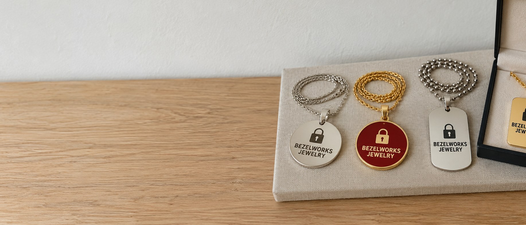 Custom engraved and enamel pendants on chains laid out on a grey linen display board
