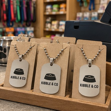 Custom dog-tag style pendants on a pet shop counter