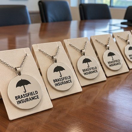 Custom engraved service award pendants on a conference table
